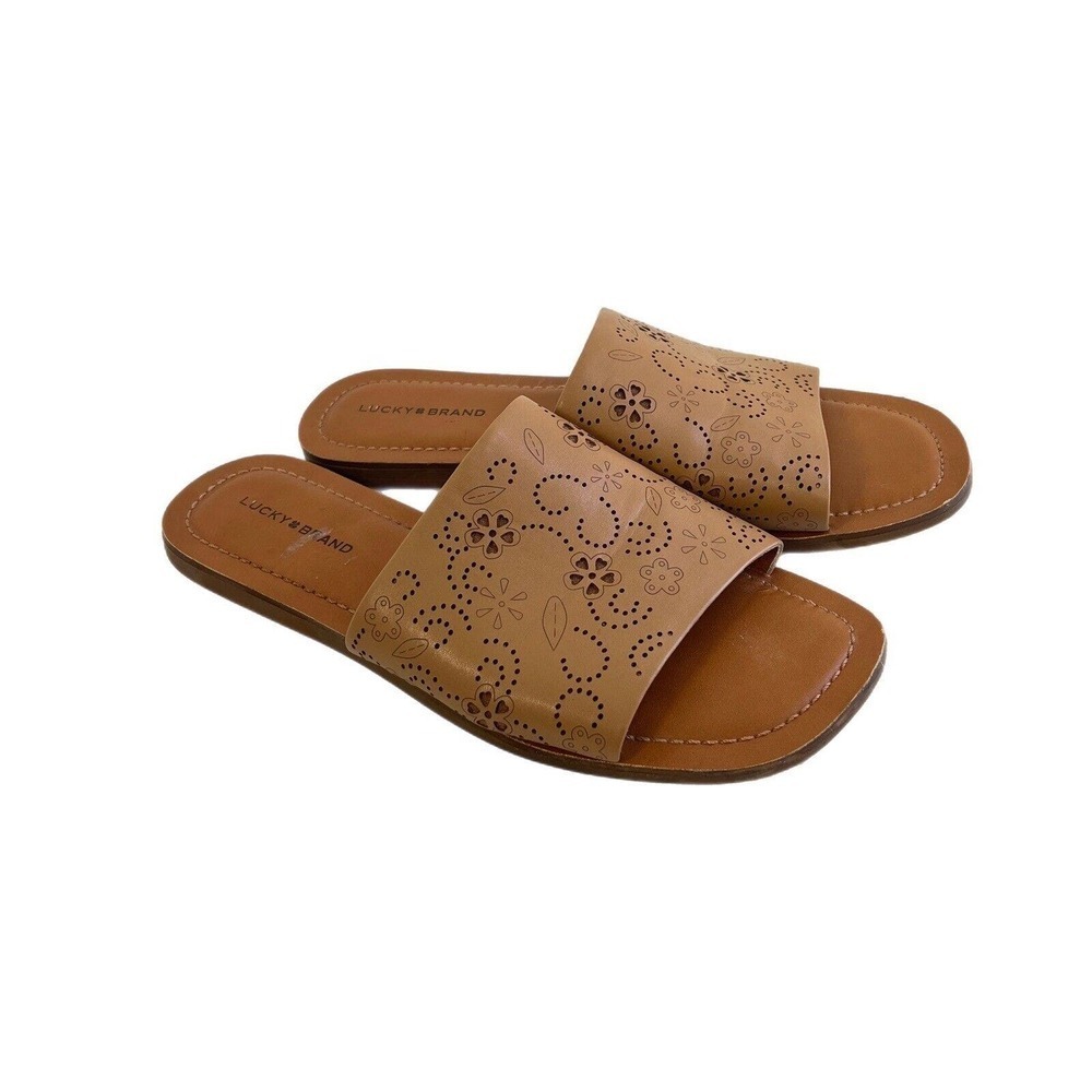 Lucky Brand Slide Sandals Size 10 Laser Cut Floral Tan Shoes Flat Slip On